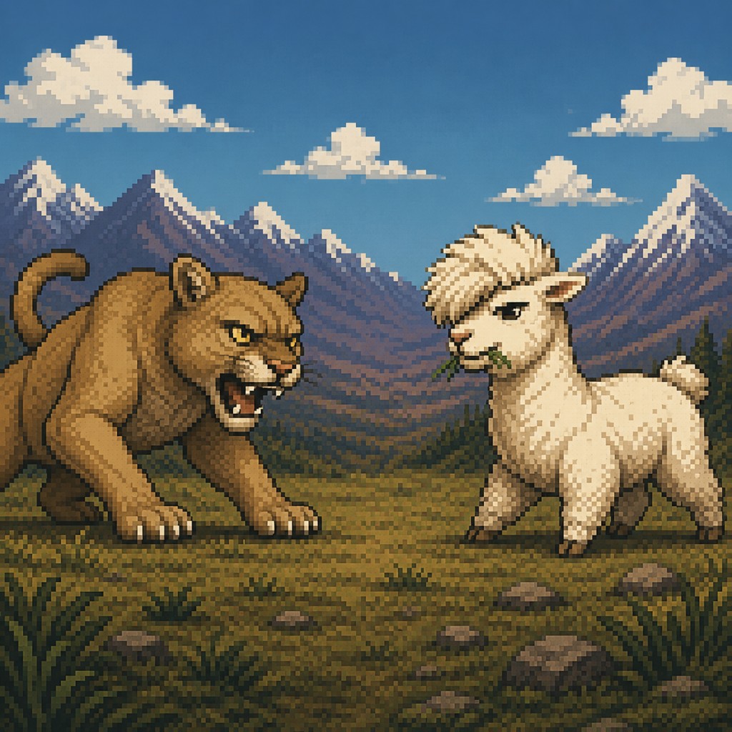 Pixel art of a snarling cougar facing a calm grass-chewing alpaca in a mountain meadow